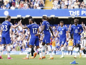 Chelsea celebrate an own goal by Newcastle United's Kieran Trippier, during the English Premier League soccer match between Chelsea and Newcastle United, at Stamford Bridge, London, Sunday May 28, 2023.