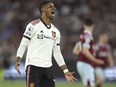 Manchester United's Marcus Rashford reacts during the English Premier League soccer match between West Ham United and Manchester United at the London Stadium in London, England, Sunday, May 7, 2023.