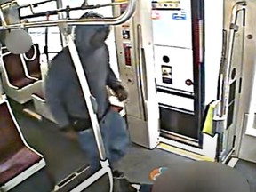 Investigators need help identifying a man who attacked a TTC rider on a Dundas West streetcar on Tuesday, May 2, 2023.
