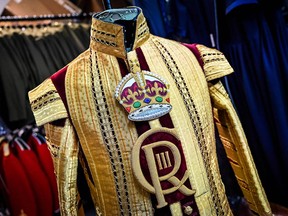 A Drum Major's State coat adorned with the new CR III cypher and to be worn during the Coronation of King Charles III in north London, on May 5, 2023.