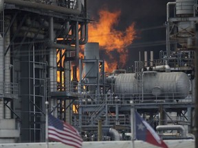 A fire burns at a Shell chemical facility in Deer Park, Friday, May 5, 2023 east of Houston.