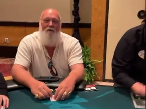 Screenshot from video of Dave Hughes, the lone man at a women's poker tourney late April at the Seminole Hard Rock Hotel and Casino in Florida.