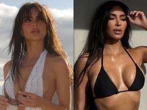 Emily Ratajkowski, left, in a white one-piece swimsuit and Kim Kardashian in a black bikini.