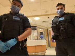 An image from a video provided to The Toronto Sun that shows a man being ejected from Sunnybrook Hospital for refusing to wear a mask.