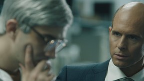 Jay Baruchel, left and Glenn Howerton in the corporate biopic “BlackBerry.”