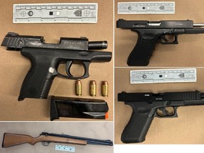 Guns allegedly seized Monday, May 26, 2023, by Toronto Police executing a search warrant in the Main St. and Danforth Ave. area.