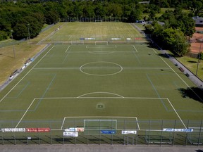 Pitches of a soccer club is pictured in Frankfurt, Germany, Tuesday, May 30, 2023. A 15-year-old soccer player remained hospitalized Tuesday with life-threatening brain injuries after being struck by an opposing player in a post-match fight during an international youth tournament in Germany. A 16-year-old from a French team was jailed pending further investigation by a judge in Frankfurt, where the match with a team from Berlin took place on Sunday.