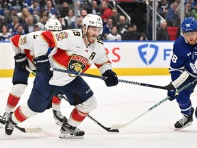 Florida Panthers forward Matthew Tkachuk pursues the play against the Toronto Maple Leafs in the third period of game one of the second round of the 2023 Stanley Cup Playoffs at Scotiabank Arena.