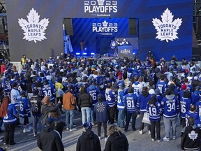 Apr 20, 2023; Toronto, Ontario, CAN; Toronto Maple Leafs fans gather in Maple Leafs Square before game two of the first round of the 2023 Stanley Cup Playoffs against the Tampa Bay Lightning at Scotiabank Arena.