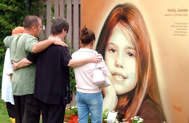Mourners reflect at the memorial near the house of murder victim Holly Jones on June 17, 2004.