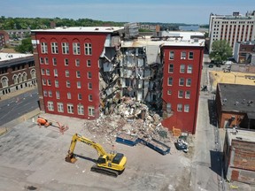 aerial view shows a portion of a six-story apartment building in Iowa