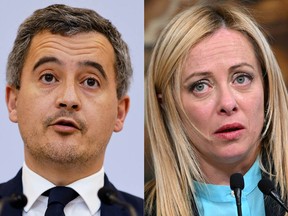 This combination of pictures created on May 4, 2023 shows French Interior Minister Gerald Darmanin (left) and Italy's Prime Minister, Giorgia Meloni, during a press conference on April 5, 2023 in Rome.