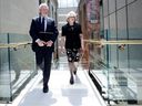 David Johnston, special rapporteur on foreign interference, and his counsel, Sheila Block, arrive at a press conference where the former governor general revealed his findings and recommendations in Ottawa on May 23, 2023. 