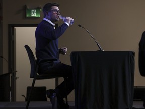 Maple Leafs general manager Kyle Dubas speaks at the podium on locker cleanup day in Toronto on Monday, May 15, 2023.