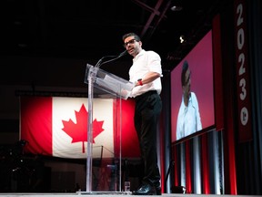 Sachit Mehra delivers a victory speech after being elected the Liberal's new national party president during the final day of the Liberal Convention in Ottawa, on Saturday, May 6, 2023.