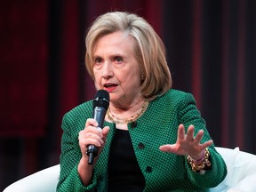 Former U.S. Secretary of State Hillary Clinton takes part in a keynote address during the second day of the Liberal Convention in Ottawa, Friday, May 5, 2023.