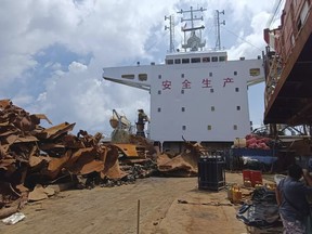A Chinese-registered vessel is pictured after it was detained by the Malaysian Maritime Enforcement Agency (MMEA) in the waters