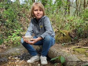 Jeremiah Longbrake, 9, with the mammoth tooth fragment he found on his grandmother's property last month in Winston, Ore.