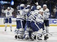 The Toronto Maple Leafs celebrate after the team defeated the Tampa Bay Lightning during overtime in Game 6 of an NHL hockey Stanley Cup first-round playoff series Saturday, April 29, 2023, in Tampa, Fla.