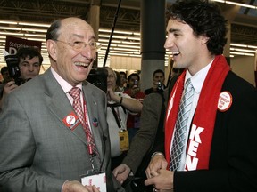 Justin Trudeau, right, greets former Liberal finance minister Marc Lalonde who was part his father's, Pierre Trudeau's, cabinet at the Liberal Leadership Convention Friday, Dec. 1, 2006 in Montreal.