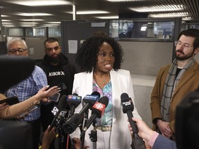 The registrar's office opened on Monday and mayoral candidates like MPP for Scarborough-Guildwood Mitzie Hunter came in to file their nomination paperwork at city hall on Monday April 3, 2023. (Jack Boland/Toronto Sun/Postmedia Network)