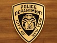 The NYPD logo is seen during a press conference at 1 Police Plaza on April 18, 2023.