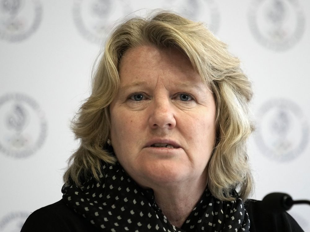 FILE - Brigitte Henriques, French National Olympic and Sports Committee (CNOSF) president delivers her speech during a press conference in Paris, Tuesday, April 4, 2023. The president of France's Olympic committee resigned unexpectedly Thursday May 25, 2023, the latest shake-up for French sports and the country's preparations to host the Summer Olympics in Paris next year.