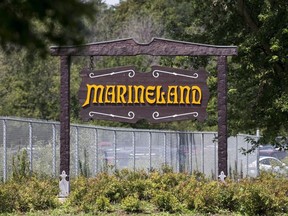 A sign for Marineland is shown in Niagara Falls, Ont., on Aug. 14, 2017.