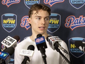 Regina Pats forward, and presumptive no. 1 overall NHL pick, Connor Bedard speaks with the media at the Brandt Centre in Regina on Wednesday, April 12, 2023.
