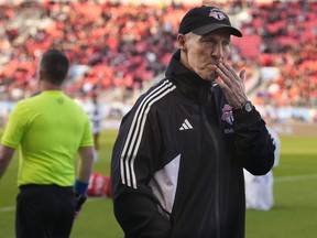 Toronto FC's Manager Bob Bradley reacts during first half MLS action against New York Red Bulls in Toronto on Wednesday May 17, 2023.