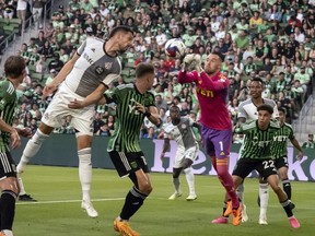Austin FC goalkeeper Brad Stuver (1) makes a save during the first half of an MLS soccer game against Toronto FC, Saturday, May 20, 2023, in Austin, Texas.