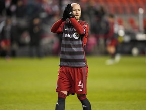 Toronto FC captain Michael Bradley, who has had not played since a 0-0 tie at Nashville on April 8, looks set to miss his fourth straight outing. Bradley (4) salutes the crowd after MLS soccer action against Charlotte FC in Toronto, on Saturday, April 1, 2023.