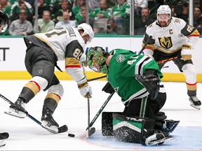 Scott Wedgewood of the Dallas Stars makes the save against Jonathan Marchessault