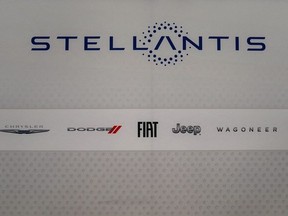 The Stellantis logo is seen during the New York International Auto Show, in Manhattan, New York City, U.S., April 5, 2023.