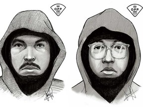 The OPP released sketches of two suspects wanted in a shooting in Schomberg that left a retiree with serious wounds.