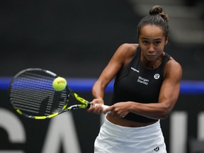 Canada's Leylah Fernandez returns to Belgium's Yanina Wickmayer during a Billie Jean King Cup qualifiers singles match, in Vancouver, on Friday, April 14, 2023. F&ampnbsp;ernandez and American partner Taylor Townsend advanced to the women's doubles semifinals at the Madrid Open with a 6-0, 7-6 (3) win over Taiwan's Hsieh Su-Wei and Czechia's Barbora Srtycova on Wednesday.