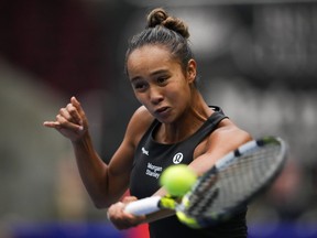 Canada's Leylah Annie Fernandez returns to Belgium's Yanina Wickmayer during a Billie Jean King Cup qualifiers singles match, in Vancouver, on Friday, April 14, 2023.