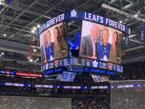 A tribute to Gordon Lightfoot is shown on the scoreboard at Scotiabank Arena on Tuesday, May 2, 2023.