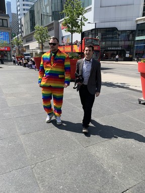 Mayoral candidate Ben Bankas with his comedy partner Daniel Bordman he met at Queen’s University in 2011. They made quite a splash campaiging in downtown Toronto Thursday