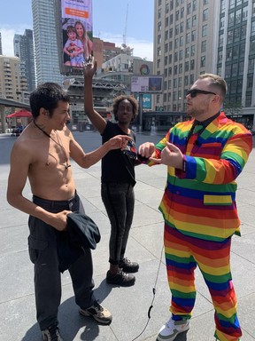 Mayoral candidate and comedian Ben Bankas out campaiging in Yonge-Dundas Square trying to make people laugh. While many are, not everybody finds his anti-woke humour funny — photo Joe Warmington
