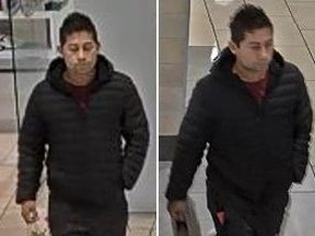 Images released by Toronto Police of a man sought in a voyeur investigation in the Bloor and Dufferin area on April 28, 2023.