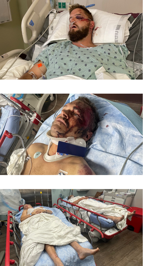 Groom Aric Hutchinson, top, is pictured in hospital after the golf cart he was riding in after his wedding reception was struck by an alleged impaired driver. Benjamin Garrett and Brogan Garrett who were escorting the Aric and his wife Sam, who was killed, were also injured. GOFUNDME