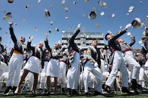 West Point graduation cadets toss their hats into the air