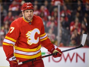 Calgary Flames forward Milan Lucic suits up against the Detroit Red Wings.