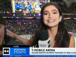 Miami TV reporter Samantha Rivera fends off an unruly fan.