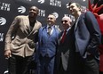 Toronto Raptors president Masai Ujiri (L) introduces their new head coach Darko Rajakovic.