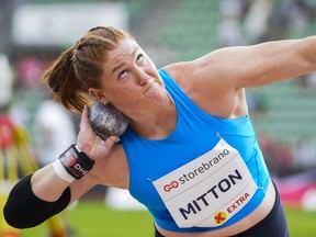 Sarah Mitton competes during the final Shot Put event.