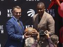 Toronto Raptors president Masai Ujiri introduces their new head coach Darko Rajakovic outside the ScotiaBank Arena.