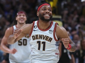 Bruce Brown of the Denver Nuggets reacts after a victory against the Miami Heat.