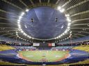 The Olympic Stadium configured for baseball in Montreal.